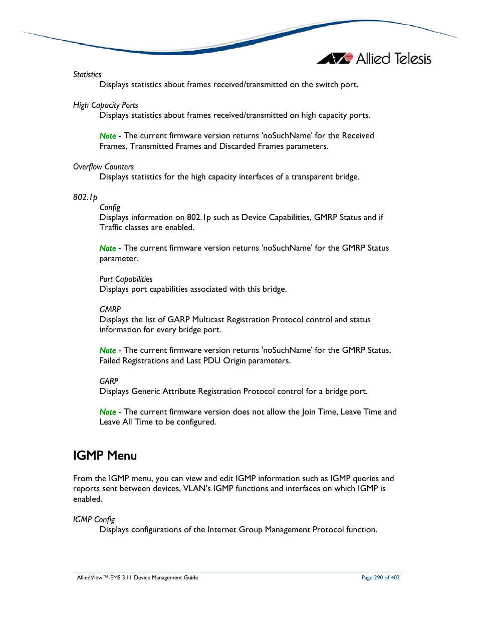 Igmp menu | Allied Telesis AlliedView-EMS 3.11 DEVICE MANAGEMENT User Manual | Page 290 / 402