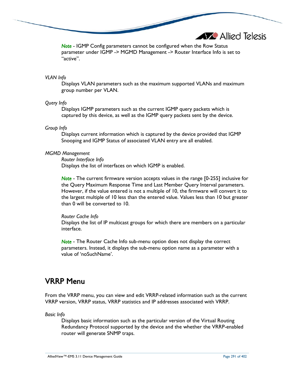 Vrrp menu | Allied Telesis AlliedView-EMS 3.11 DEVICE MANAGEMENT User Manual | Page 291 / 402
