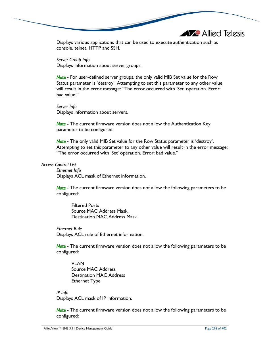 Allied Telesis AlliedView-EMS 3.11 DEVICE MANAGEMENT User Manual | Page 296 / 402