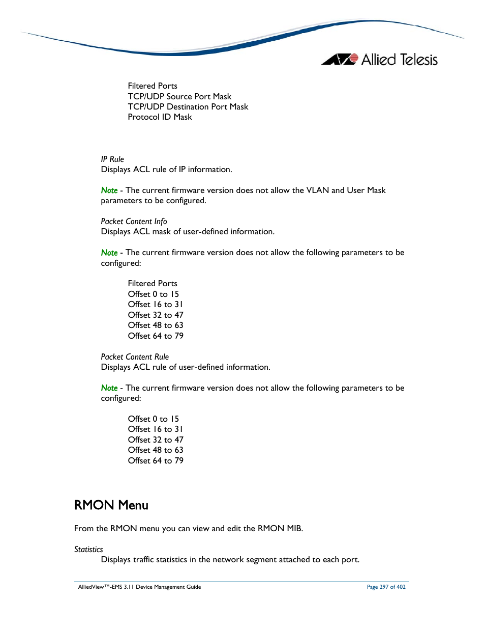 Rmon menu | Allied Telesis AlliedView-EMS 3.11 DEVICE MANAGEMENT User Manual | Page 297 / 402