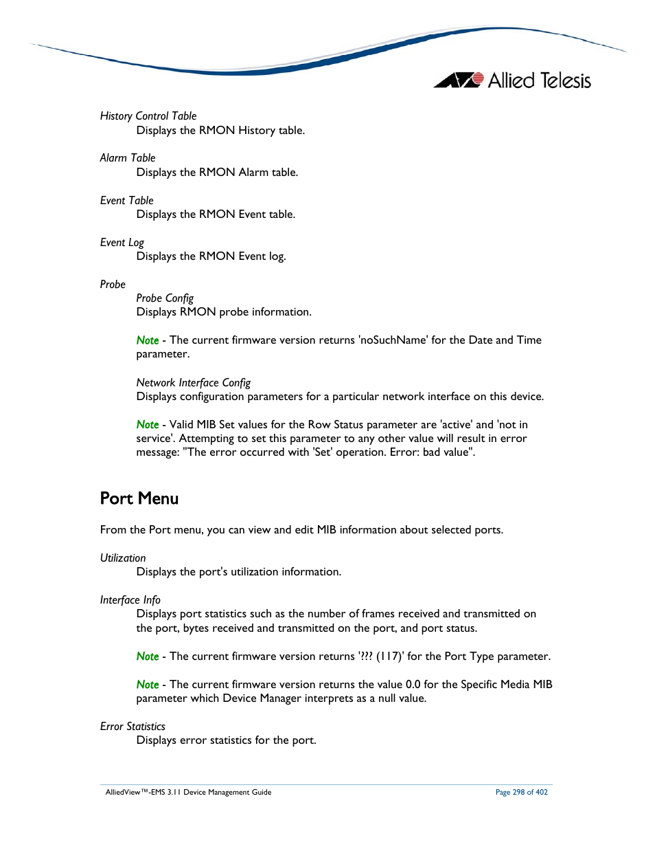 Port menu | Allied Telesis AlliedView-EMS 3.11 DEVICE MANAGEMENT User Manual | Page 298 / 402