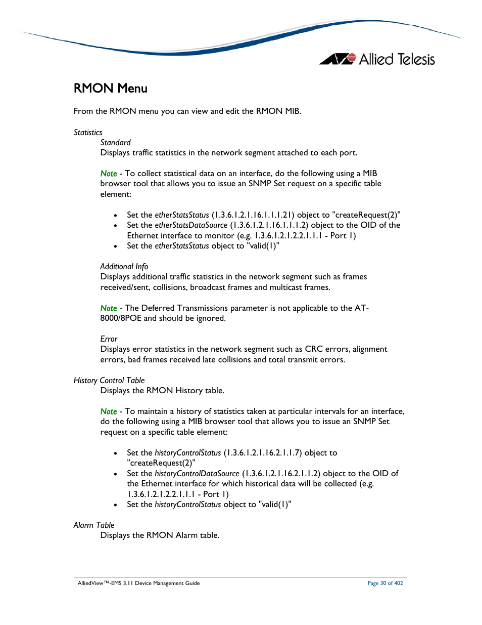 Rmon menu | Allied Telesis AlliedView-EMS 3.11 DEVICE MANAGEMENT User Manual | Page 30 / 402