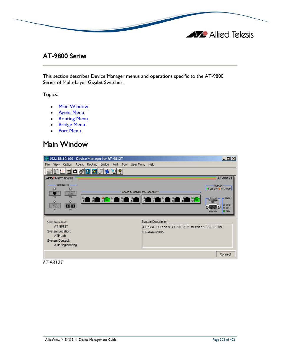 Main window, At-9800 series | Allied Telesis AlliedView-EMS 3.11 DEVICE MANAGEMENT User Manual | Page 303 / 402