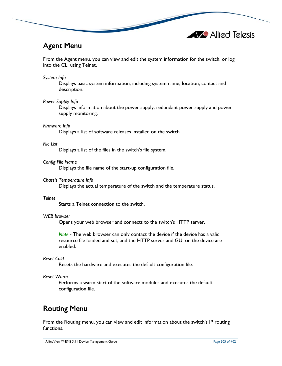 Agent menu, Routing menu | Allied Telesis AlliedView-EMS 3.11 DEVICE MANAGEMENT User Manual | Page 305 / 402