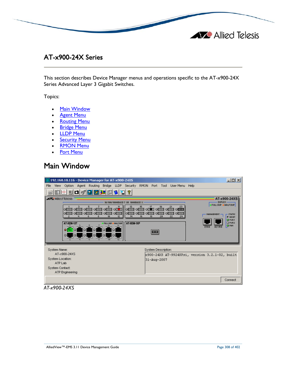 Main window | Allied Telesis AlliedView-EMS 3.11 DEVICE MANAGEMENT User Manual | Page 308 / 402