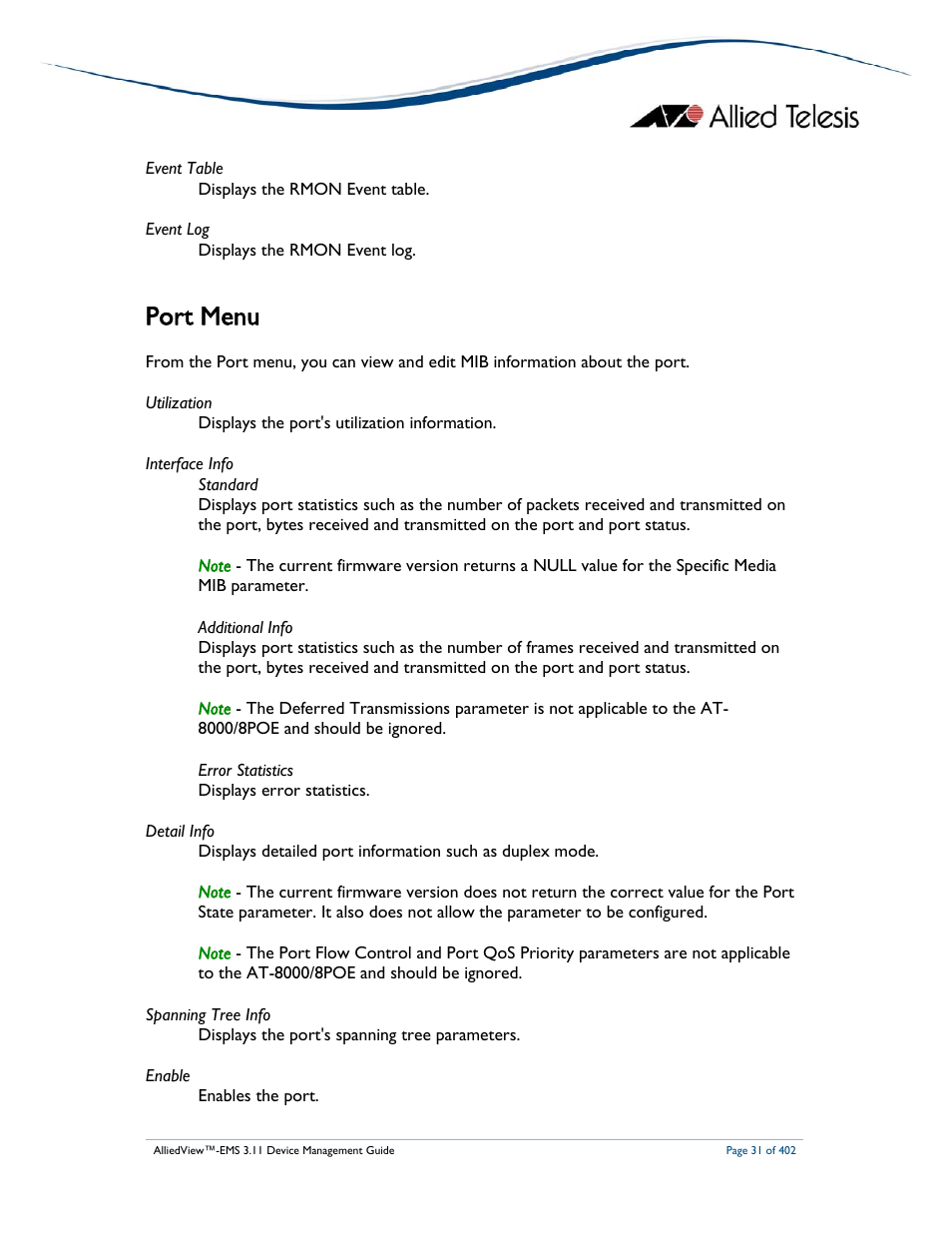 Port menu | Allied Telesis AlliedView-EMS 3.11 DEVICE MANAGEMENT User Manual | Page 31 / 402