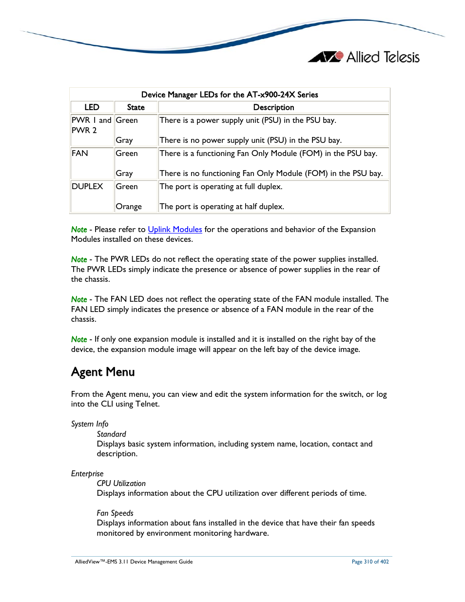Agent menu | Allied Telesis AlliedView-EMS 3.11 DEVICE MANAGEMENT User Manual | Page 310 / 402