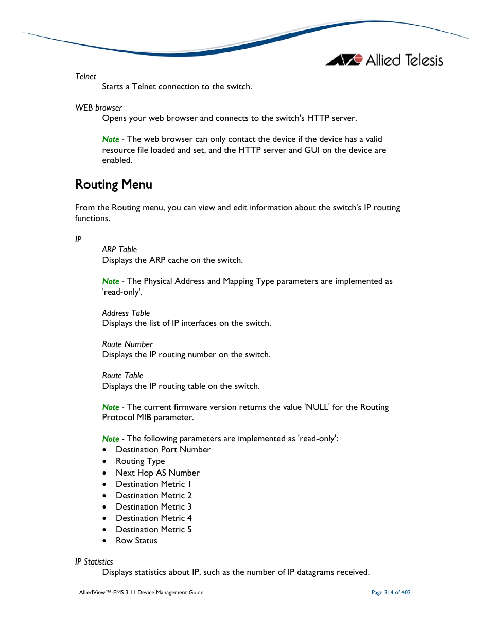 Routing menu | Allied Telesis AlliedView-EMS 3.11 DEVICE MANAGEMENT User Manual | Page 314 / 402