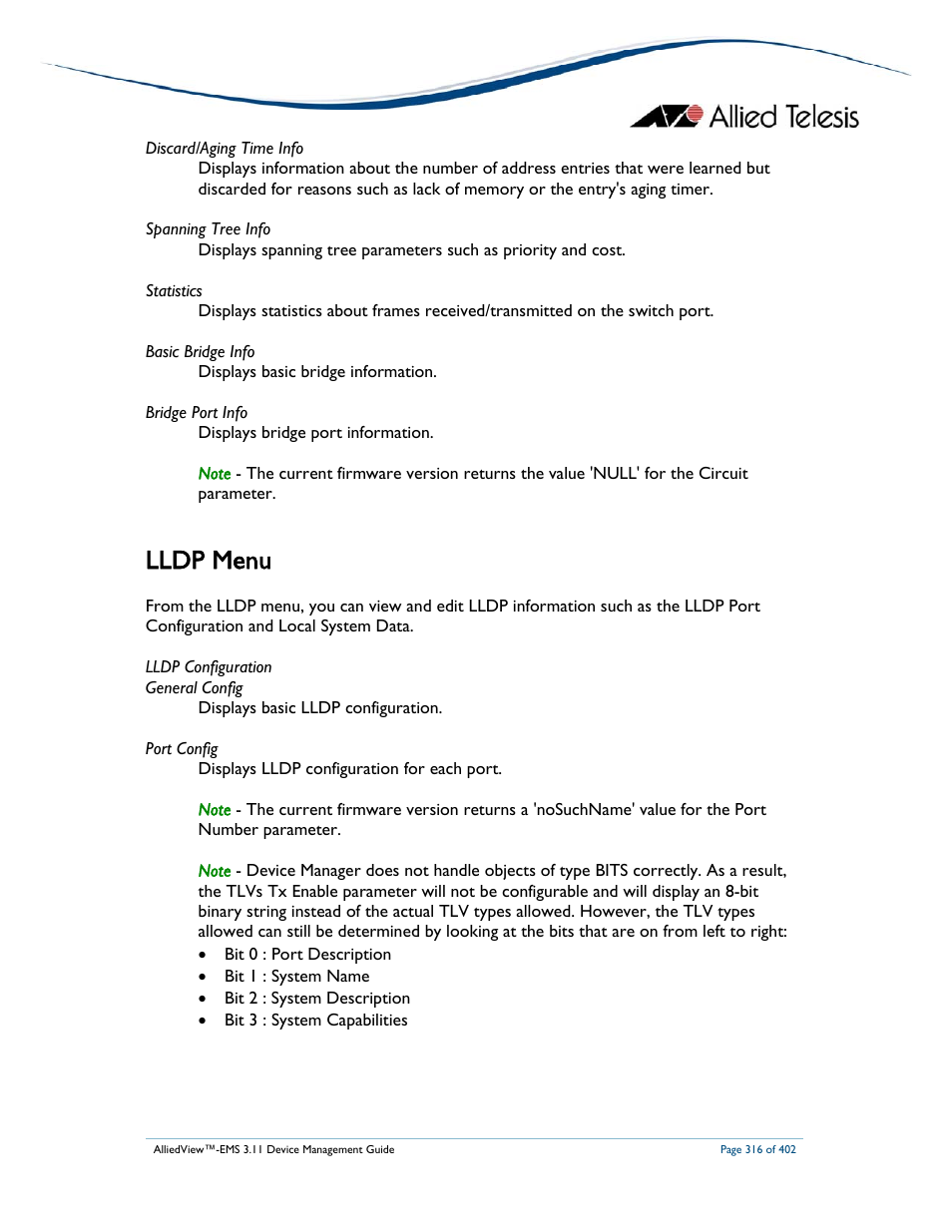 Lldp menu | Allied Telesis AlliedView-EMS 3.11 DEVICE MANAGEMENT User Manual | Page 316 / 402