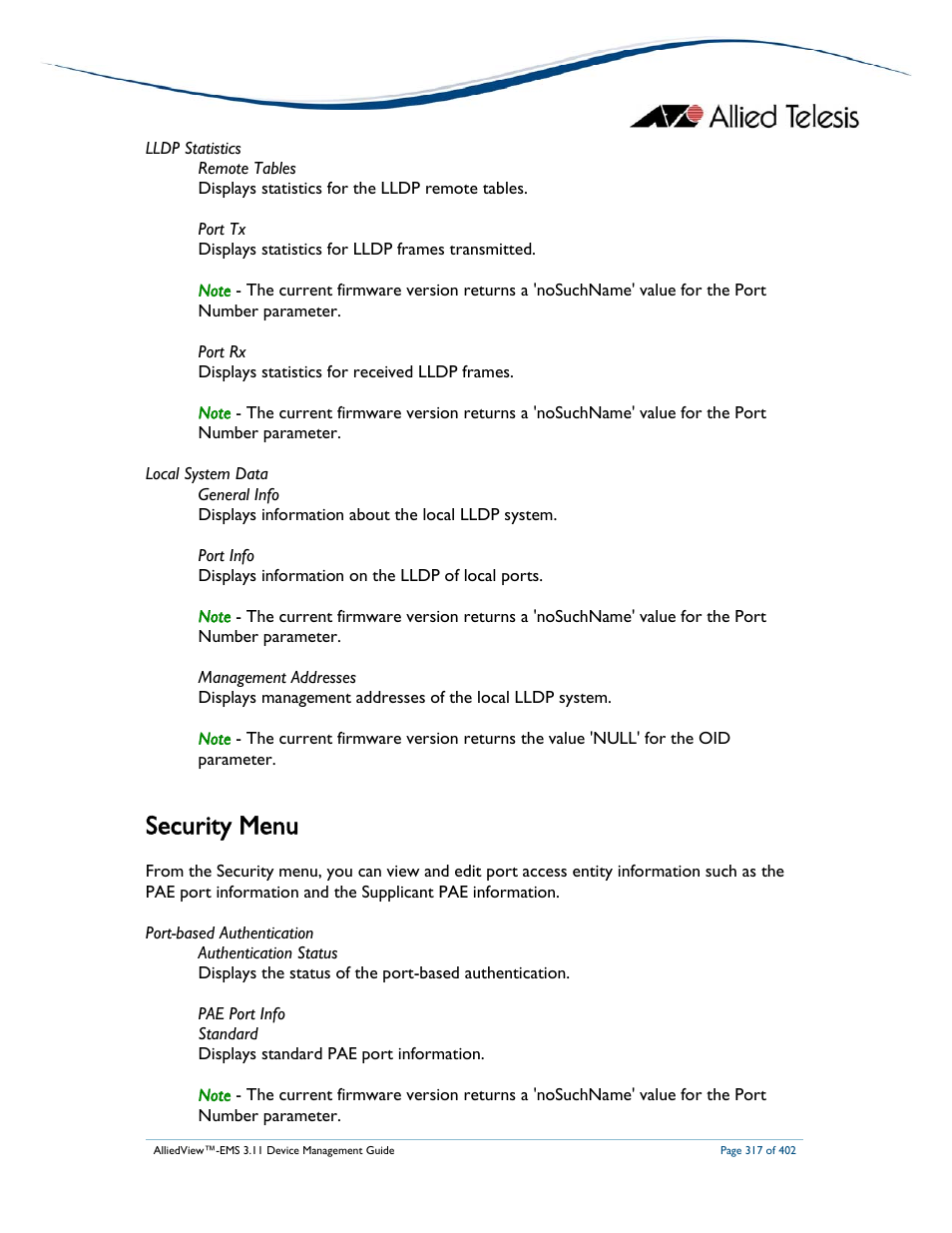 Security menu | Allied Telesis AlliedView-EMS 3.11 DEVICE MANAGEMENT User Manual | Page 317 / 402