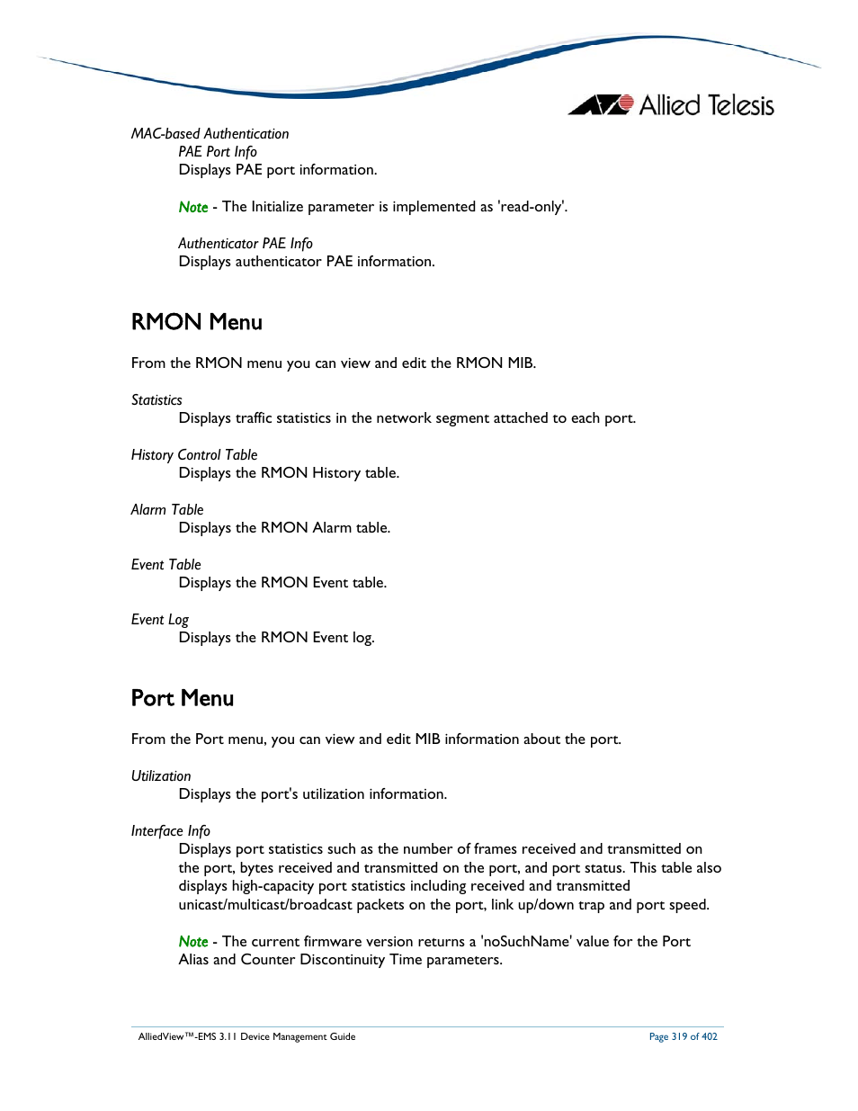 Rmon menu, Port menu | Allied Telesis AlliedView-EMS 3.11 DEVICE MANAGEMENT User Manual | Page 319 / 402