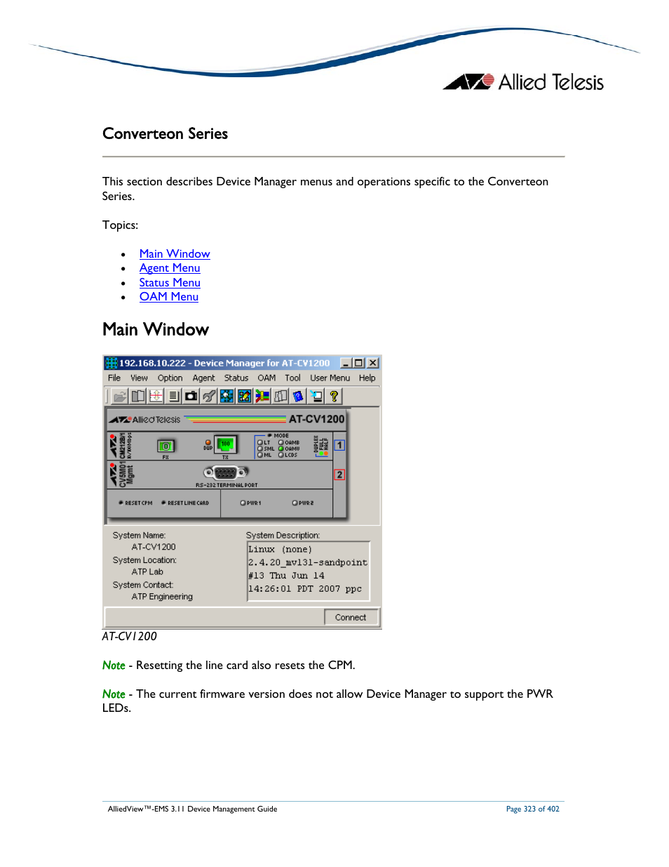 Main window, Converteon series | Allied Telesis AlliedView-EMS 3.11 DEVICE MANAGEMENT User Manual | Page 323 / 402