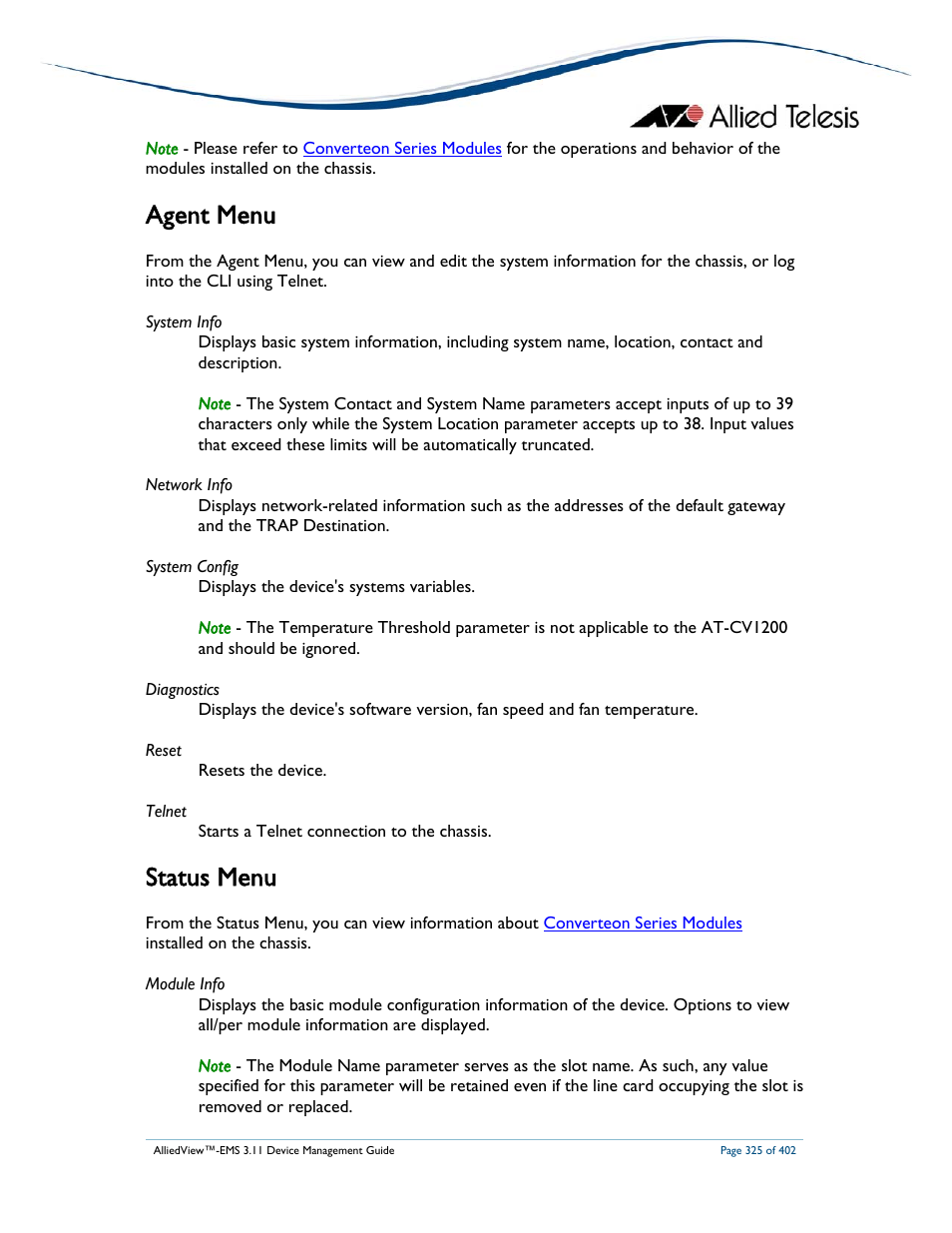 Agent menu, Status menu | Allied Telesis AlliedView-EMS 3.11 DEVICE MANAGEMENT User Manual | Page 325 / 402