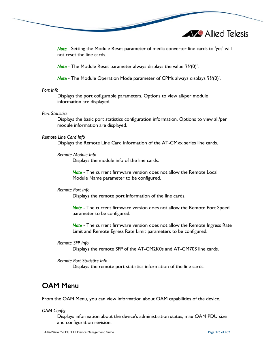 Oam menu | Allied Telesis AlliedView-EMS 3.11 DEVICE MANAGEMENT User Manual | Page 326 / 402