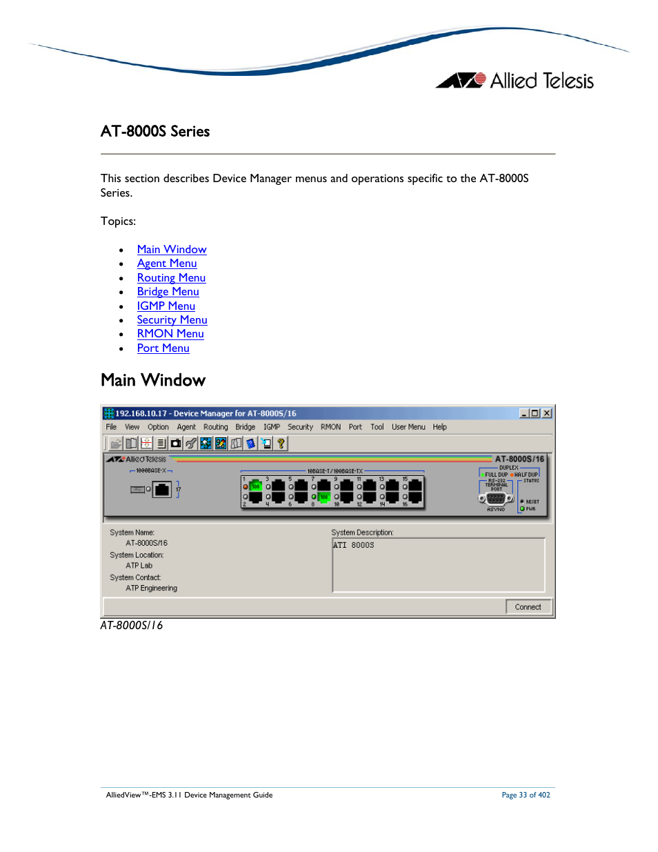 Main window, At-8000s series | Allied Telesis AlliedView-EMS 3.11 DEVICE MANAGEMENT User Manual | Page 33 / 402