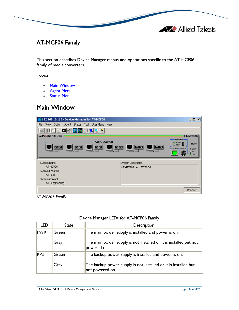 Main window, At-mcf06 family | Allied Telesis AlliedView-EMS 3.11 DEVICE MANAGEMENT User Manual | Page 334 / 402