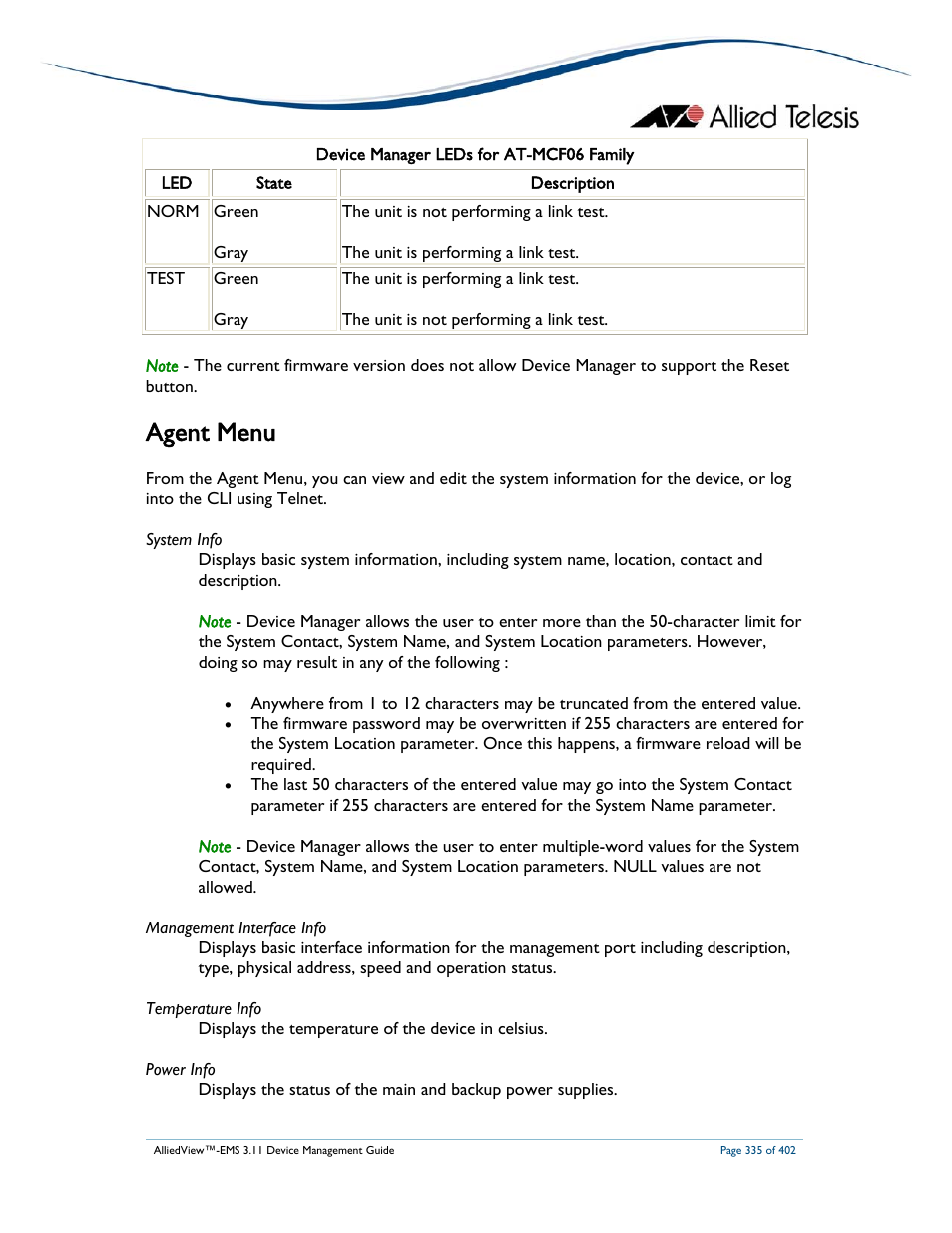 Agent menu | Allied Telesis AlliedView-EMS 3.11 DEVICE MANAGEMENT User Manual | Page 335 / 402