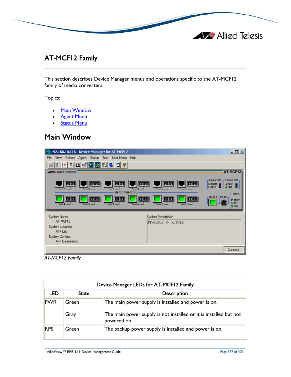 Main window, At-mcf12 family | Allied Telesis AlliedView-EMS 3.11 DEVICE MANAGEMENT User Manual | Page 337 / 402