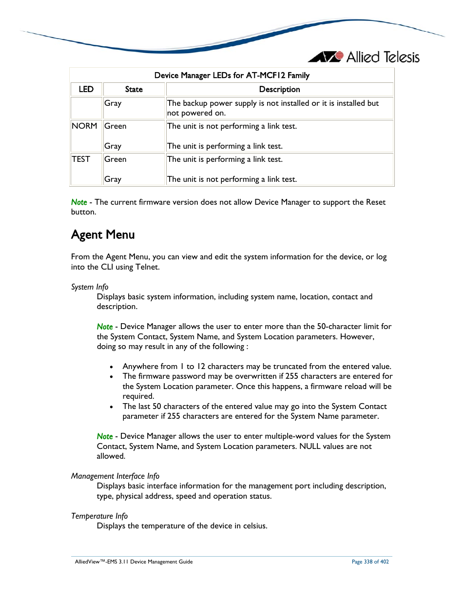 Agent menu | Allied Telesis AlliedView-EMS 3.11 DEVICE MANAGEMENT User Manual | Page 338 / 402