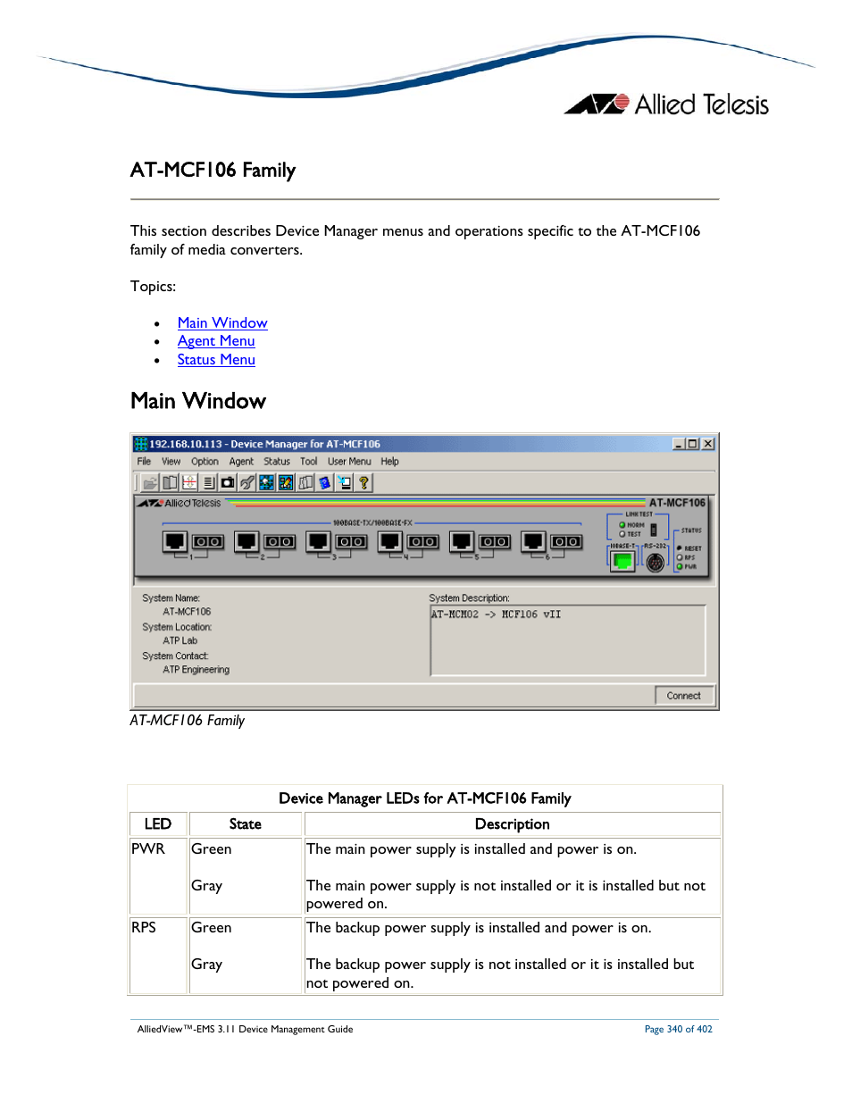 Main window, At-mcf106 family | Allied Telesis AlliedView-EMS 3.11 DEVICE MANAGEMENT User Manual | Page 340 / 402