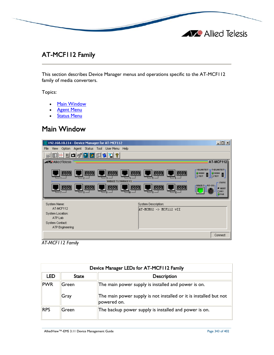 Main window, At-mcf112 family | Allied Telesis AlliedView-EMS 3.11 DEVICE MANAGEMENT User Manual | Page 343 / 402