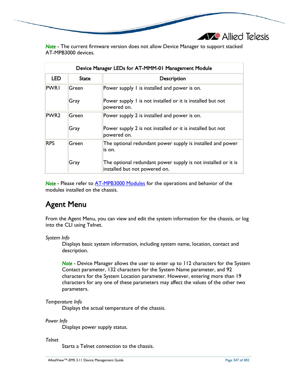 Agent menu | Allied Telesis AlliedView-EMS 3.11 DEVICE MANAGEMENT User Manual | Page 347 / 402