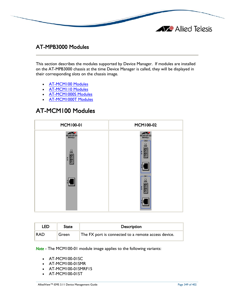 At-mcm100 modules, At-mpb3000 modules | Allied Telesis AlliedView-EMS 3.11 DEVICE MANAGEMENT User Manual | Page 349 / 402