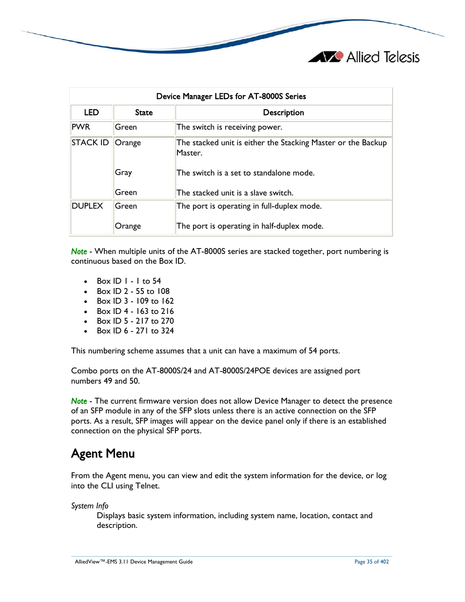 Agent menu | Allied Telesis AlliedView-EMS 3.11 DEVICE MANAGEMENT User Manual | Page 35 / 402