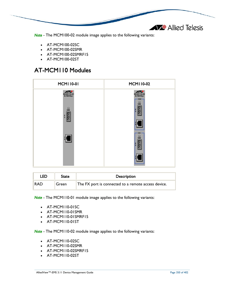 At-mcm110 modules | Allied Telesis AlliedView-EMS 3.11 DEVICE MANAGEMENT User Manual | Page 350 / 402