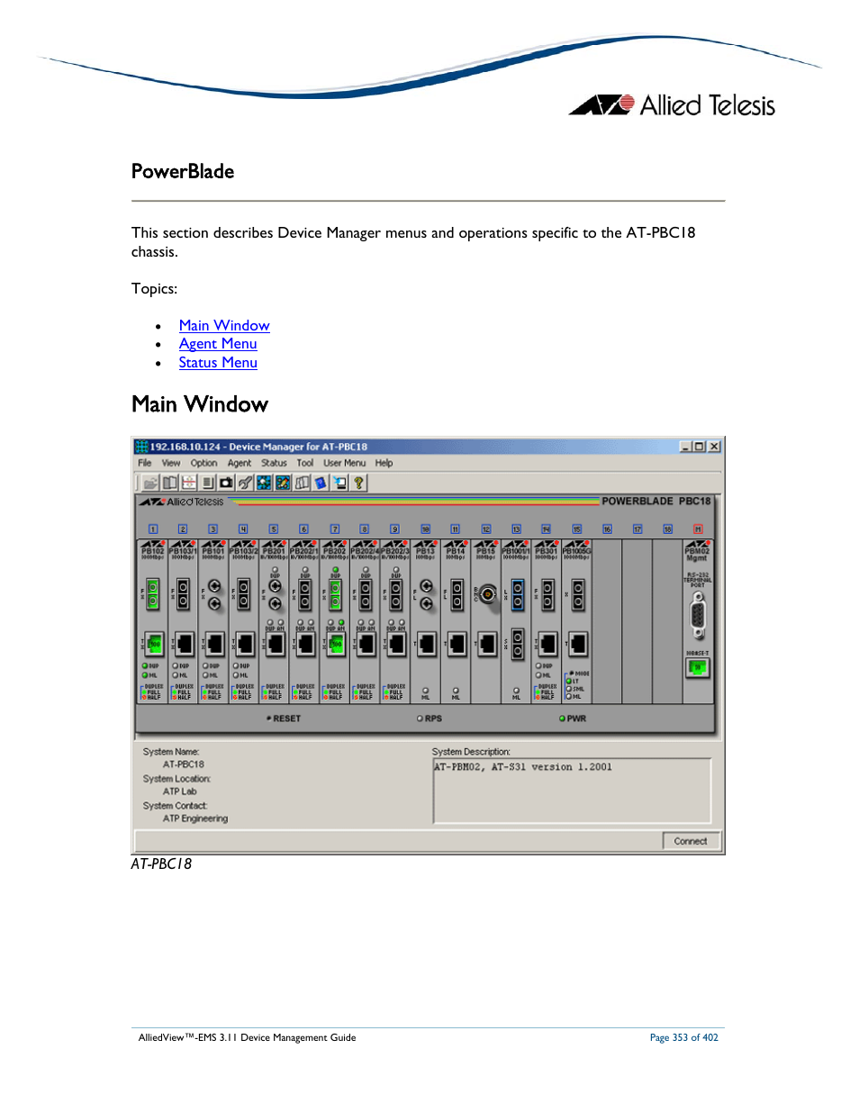 Main window, Powerblade | Allied Telesis AlliedView-EMS 3.11 DEVICE MANAGEMENT User Manual | Page 353 / 402