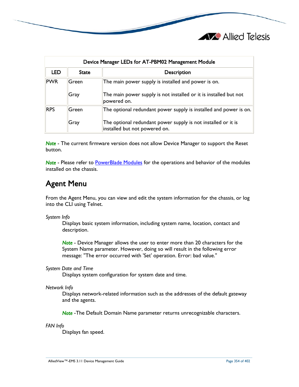 Agent menu | Allied Telesis AlliedView-EMS 3.11 DEVICE MANAGEMENT User Manual | Page 354 / 402