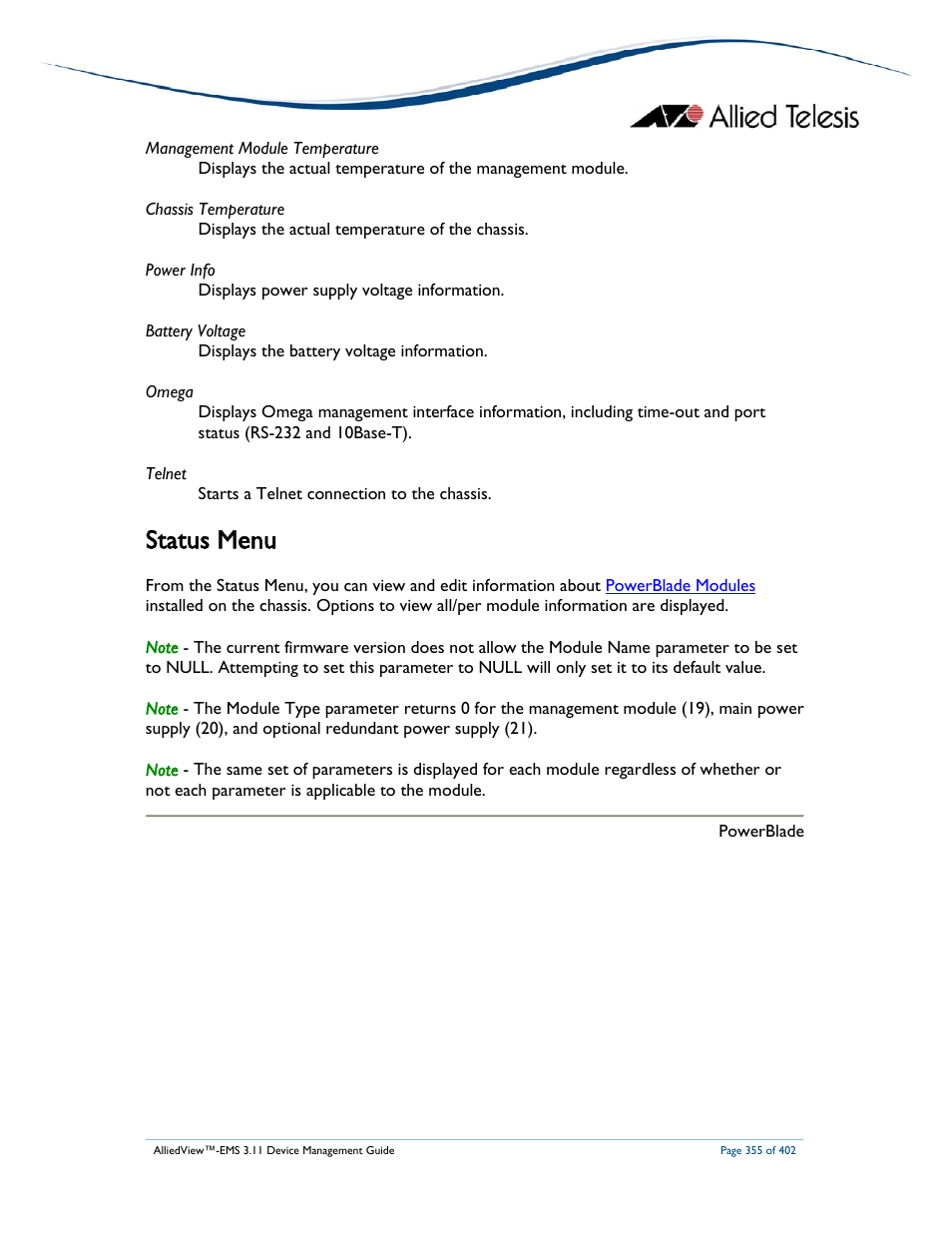 Status menu | Allied Telesis AlliedView-EMS 3.11 DEVICE MANAGEMENT User Manual | Page 355 / 402