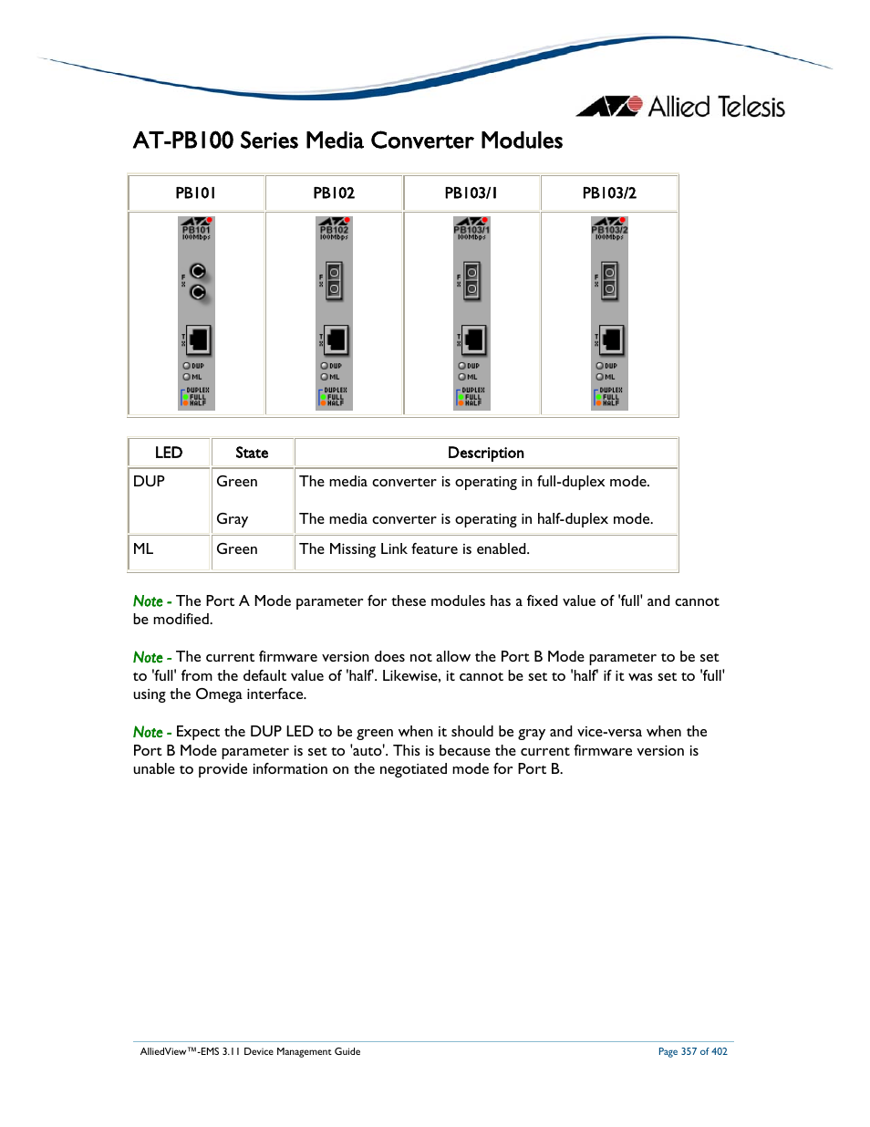 At-pb100 series media converter modules | Allied Telesis AlliedView-EMS 3.11 DEVICE MANAGEMENT User Manual | Page 357 / 402