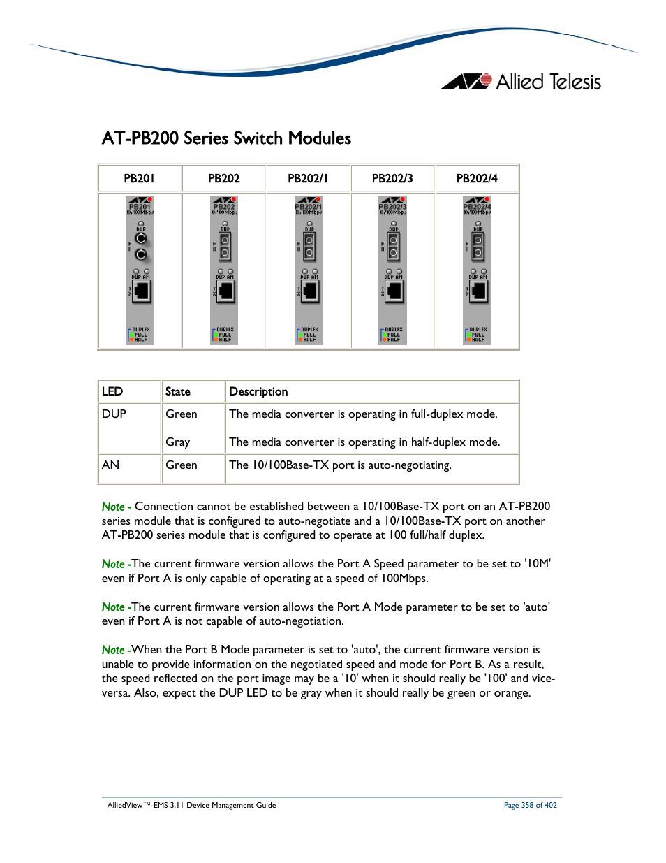 At-pb200 series switch modules | Allied Telesis AlliedView-EMS 3.11 DEVICE MANAGEMENT User Manual | Page 358 / 402