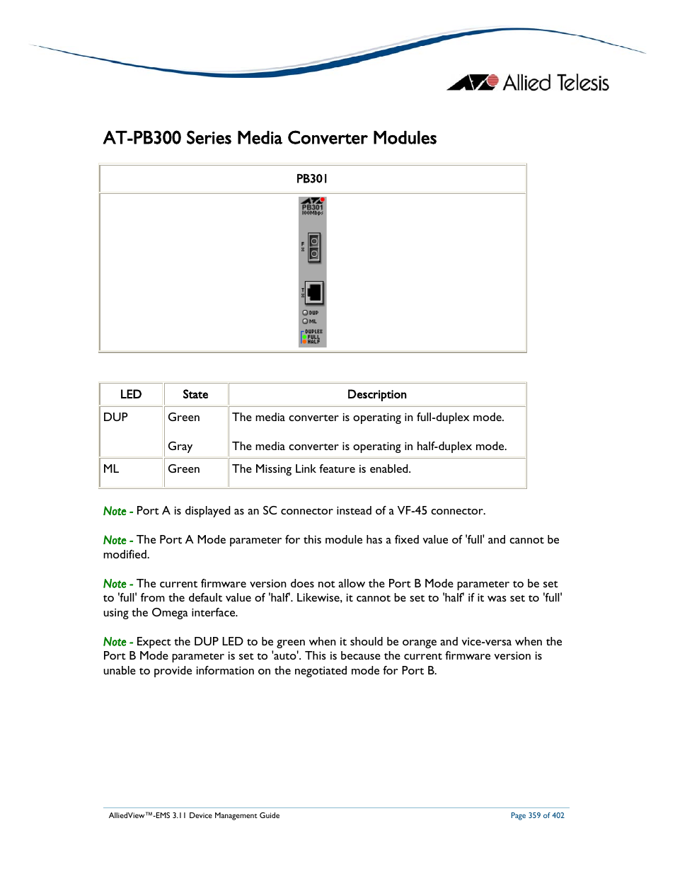 At-pb300 series media converter modules | Allied Telesis AlliedView-EMS 3.11 DEVICE MANAGEMENT User Manual | Page 359 / 402