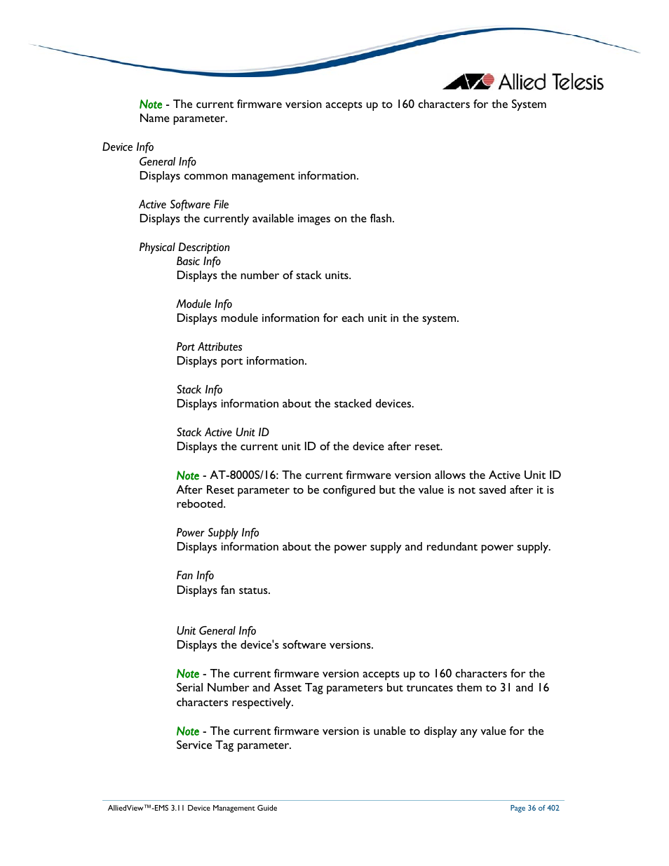 Allied Telesis AlliedView-EMS 3.11 DEVICE MANAGEMENT User Manual | Page 36 / 402
