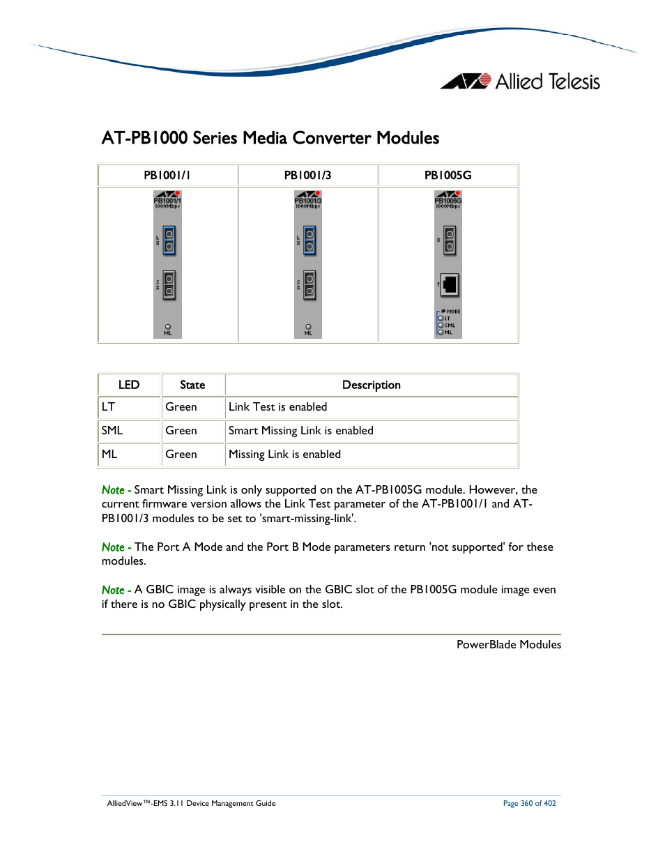 At-pb1000 series media converter modules | Allied Telesis AlliedView-EMS 3.11 DEVICE MANAGEMENT User Manual | Page 360 / 402