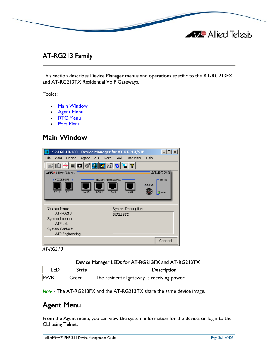 Main window, Agent menu, At-rg213 family | Allied Telesis AlliedView-EMS 3.11 DEVICE MANAGEMENT User Manual | Page 361 / 402