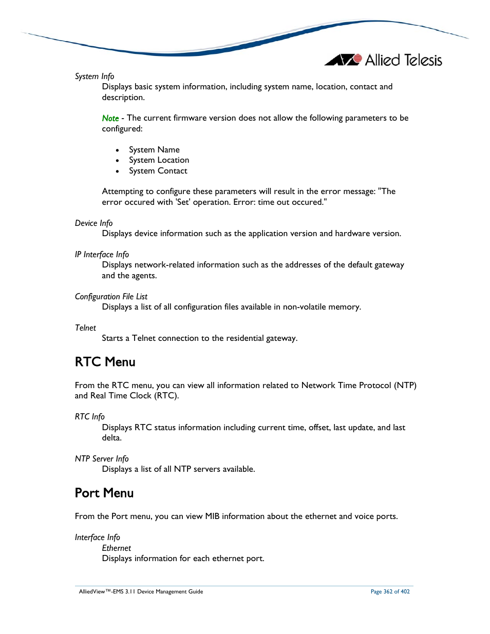 Rtc menu, Port menu | Allied Telesis AlliedView-EMS 3.11 DEVICE MANAGEMENT User Manual | Page 362 / 402