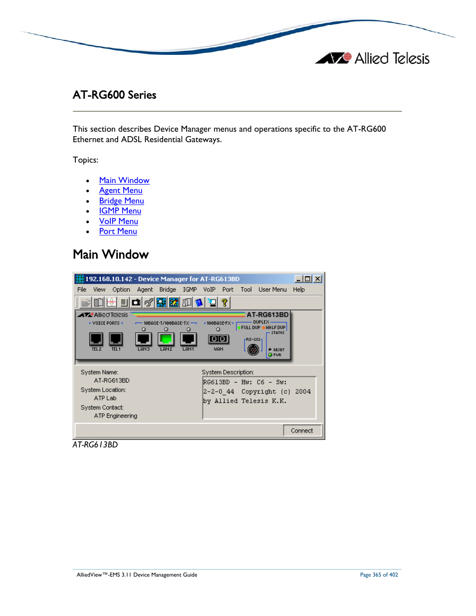 Main window, At-rg600 series | Allied Telesis AlliedView-EMS 3.11 DEVICE MANAGEMENT User Manual | Page 365 / 402