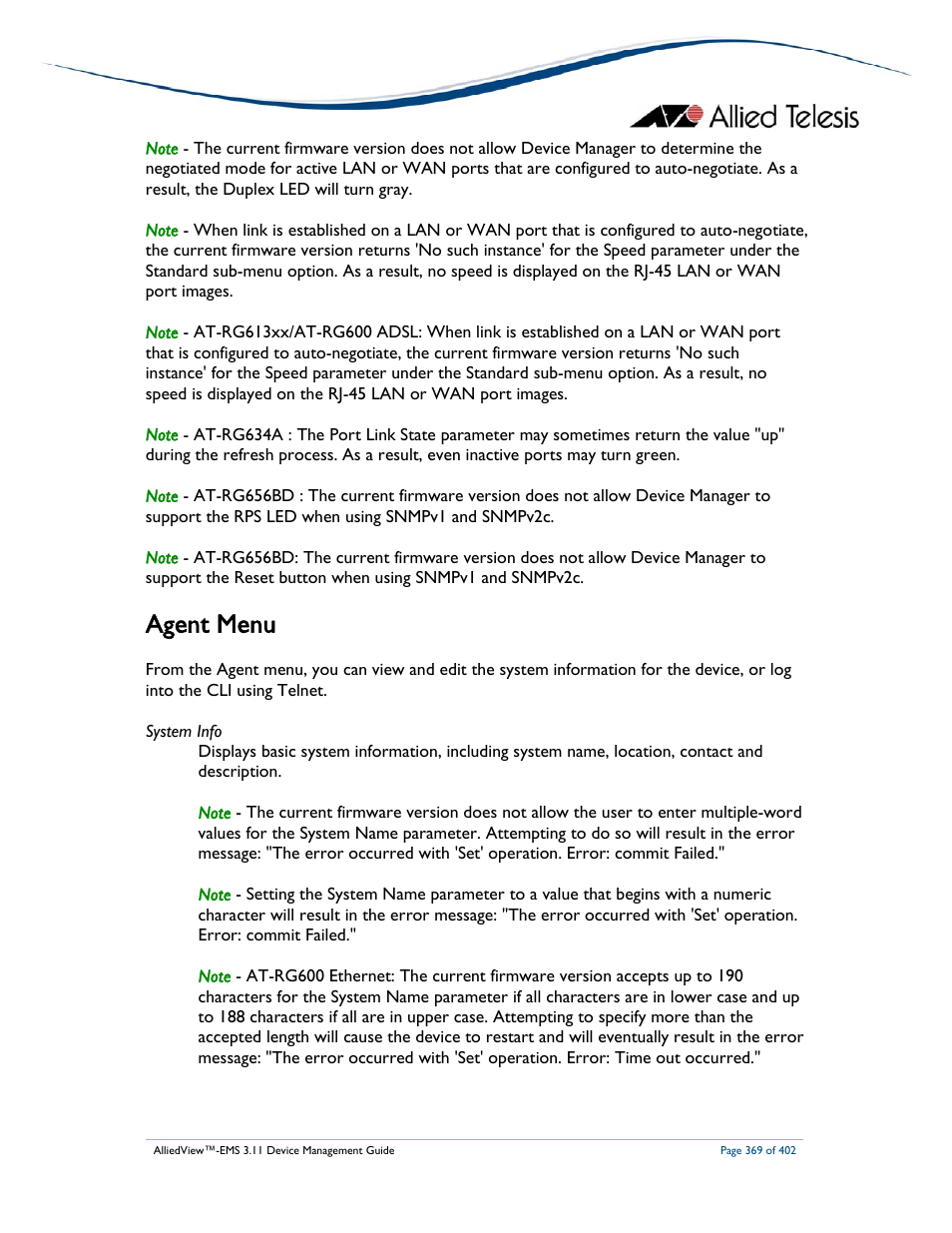 Agent menu | Allied Telesis AlliedView-EMS 3.11 DEVICE MANAGEMENT User Manual | Page 369 / 402