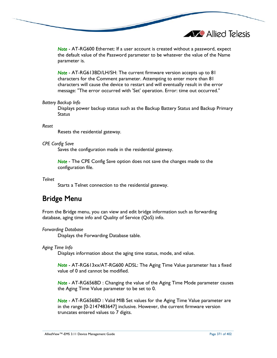 Bridge menu | Allied Telesis AlliedView-EMS 3.11 DEVICE MANAGEMENT User Manual | Page 371 / 402