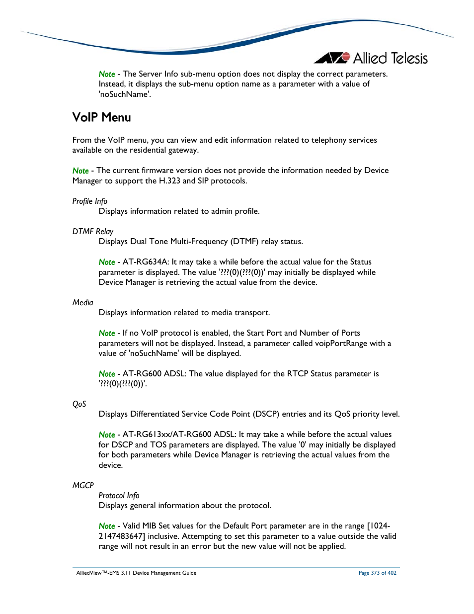 Voip menu | Allied Telesis AlliedView-EMS 3.11 DEVICE MANAGEMENT User Manual | Page 373 / 402