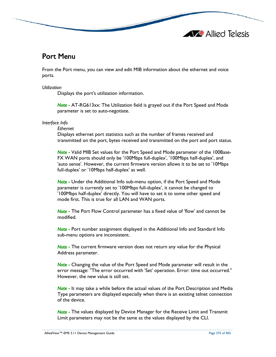 Port menu | Allied Telesis AlliedView-EMS 3.11 DEVICE MANAGEMENT User Manual | Page 375 / 402