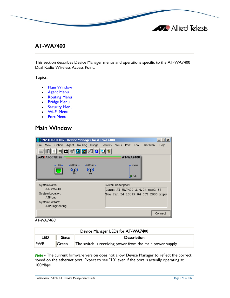 Main window, At-wa7400 | Allied Telesis AlliedView-EMS 3.11 DEVICE MANAGEMENT User Manual | Page 378 / 402