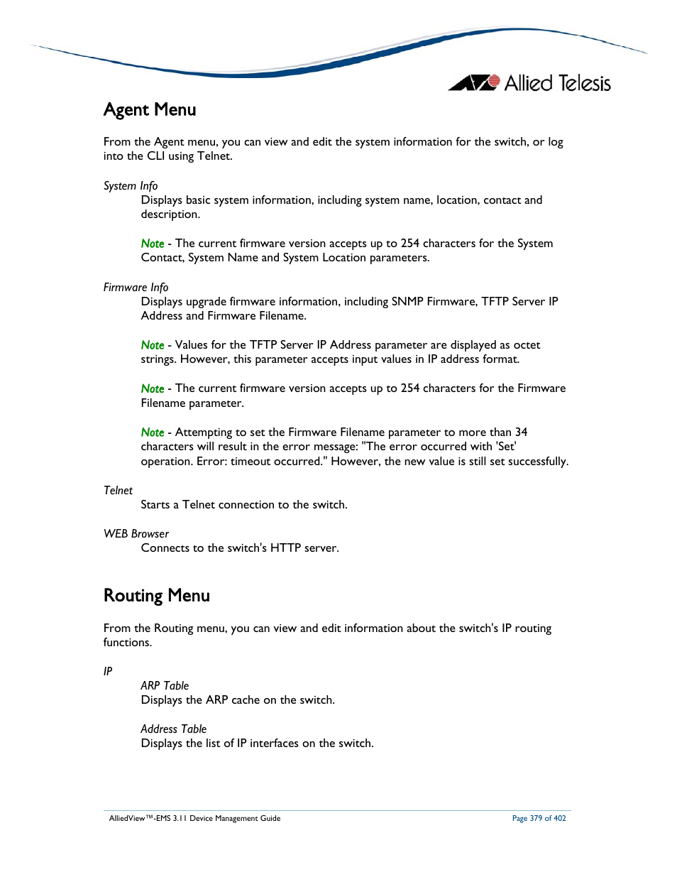 Agent menu, Routing menu | Allied Telesis AlliedView-EMS 3.11 DEVICE MANAGEMENT User Manual | Page 379 / 402