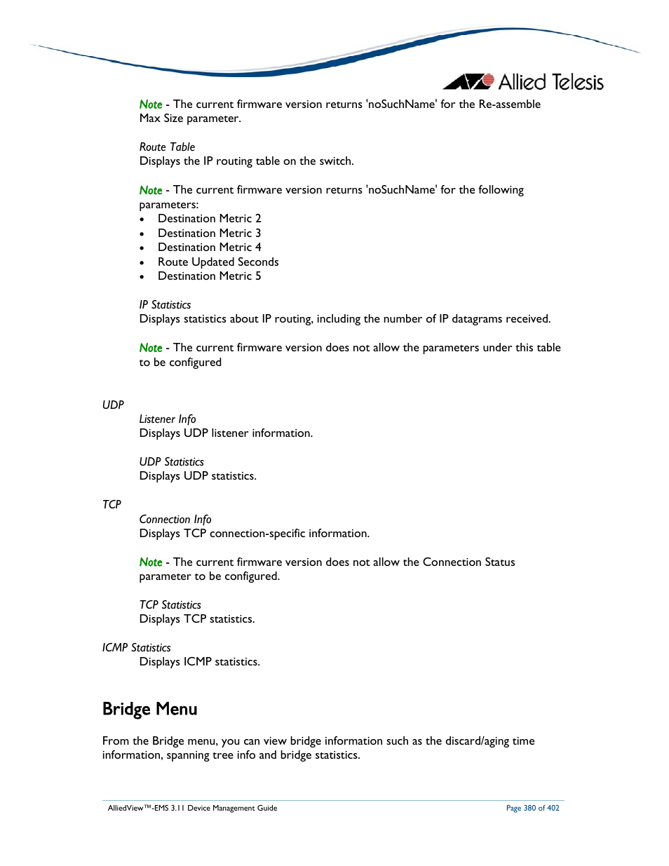 Bridge menu | Allied Telesis AlliedView-EMS 3.11 DEVICE MANAGEMENT User Manual | Page 380 / 402