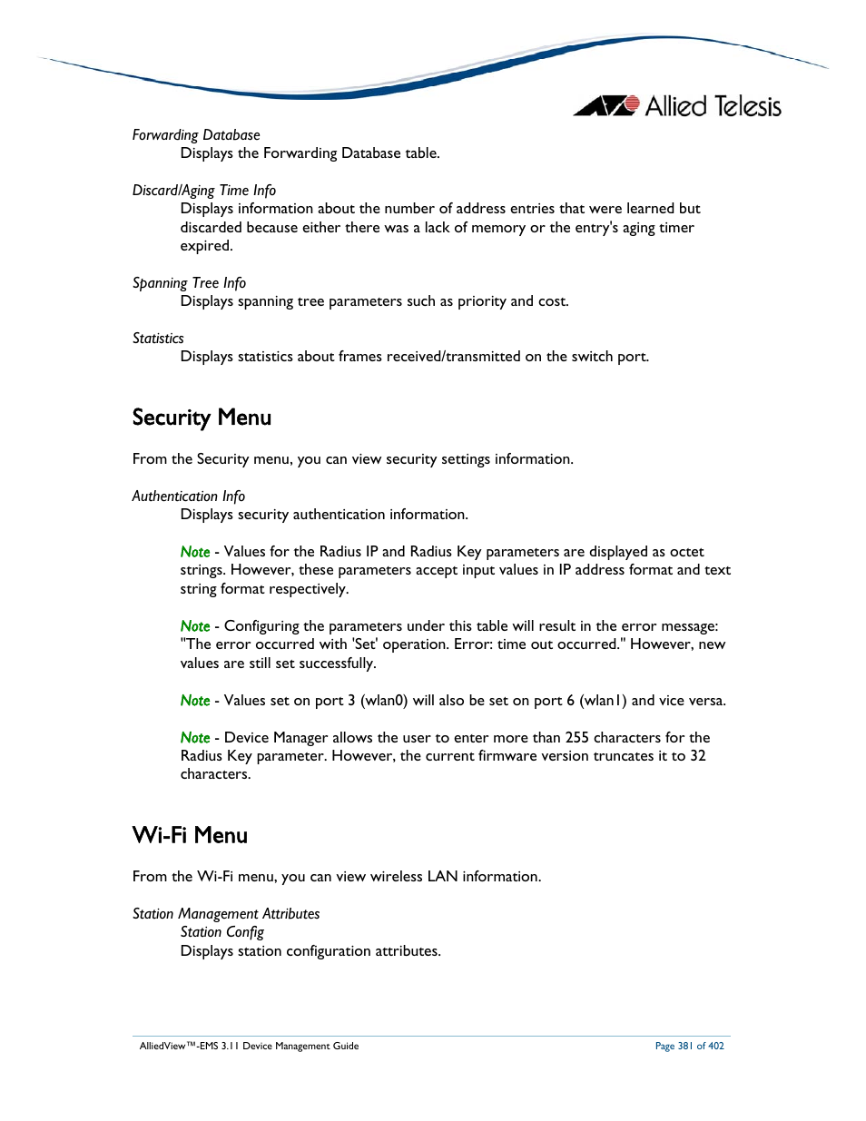 Security menu, Wi-fi menu | Allied Telesis AlliedView-EMS 3.11 DEVICE MANAGEMENT User Manual | Page 381 / 402