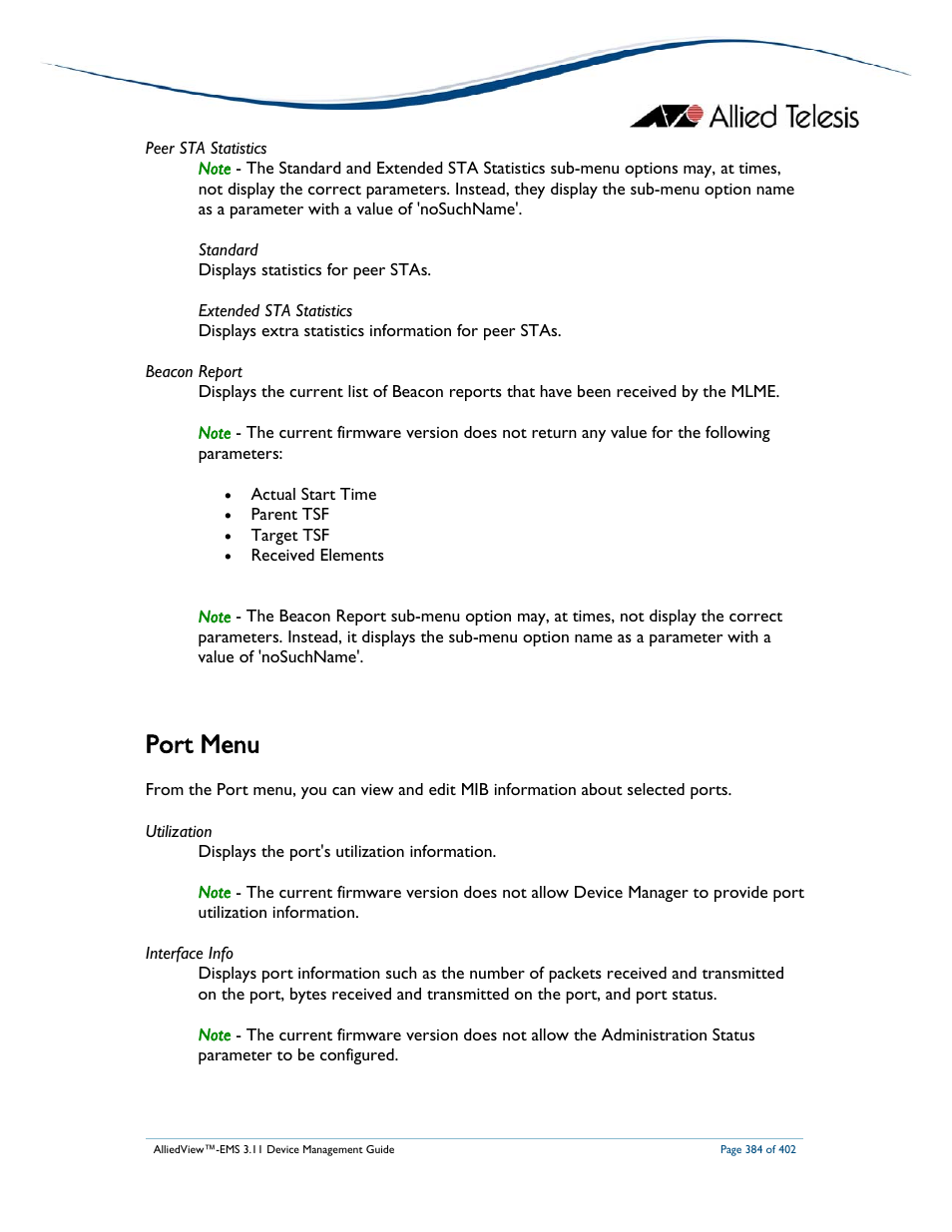 Port menu | Allied Telesis AlliedView-EMS 3.11 DEVICE MANAGEMENT User Manual | Page 384 / 402
