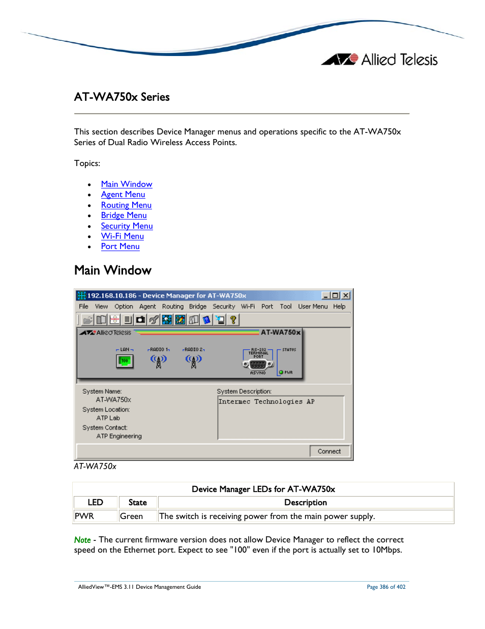 Main window, At-wa750x series | Allied Telesis AlliedView-EMS 3.11 DEVICE MANAGEMENT User Manual | Page 386 / 402